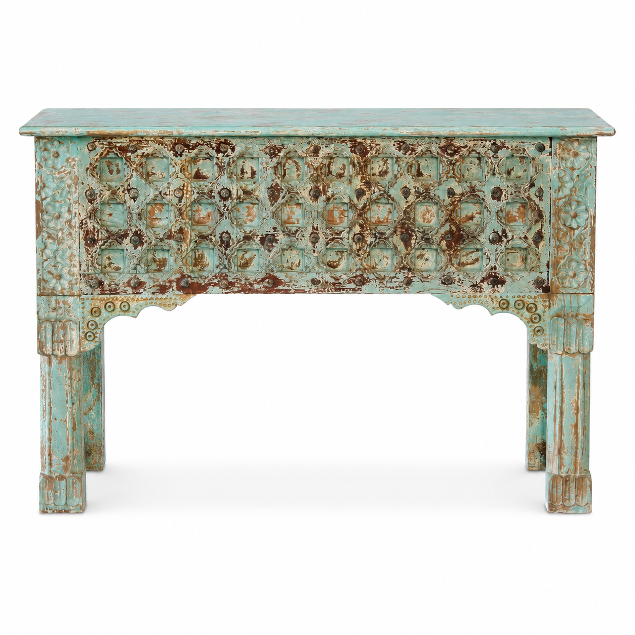 Wite background image of a Pravesh reclaimed teak wood console table with antique blue finish 120cm