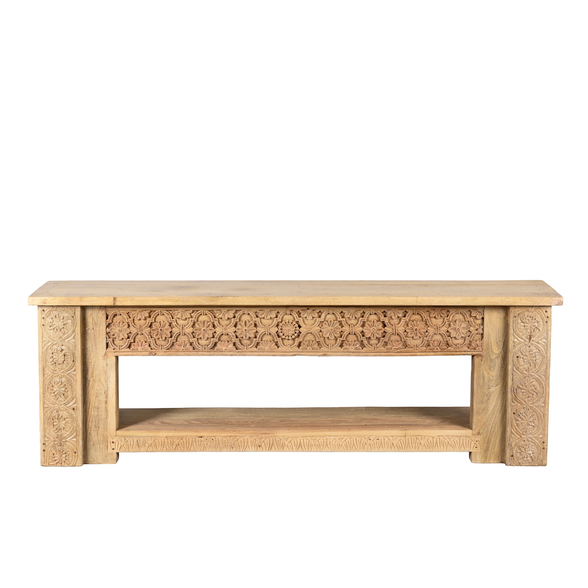 White background image of a Purna reclaimed teak wood bench with hand carved Indian house elements and lower shelf 160cm