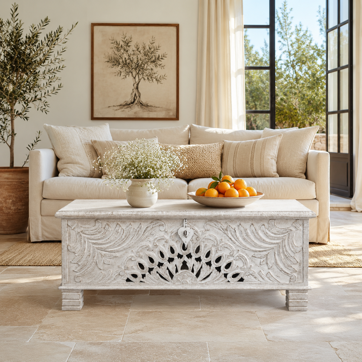 Lifestyle image of a Hand-carved mango wood vintage chest with floral detailing – a one-of-a-kind mango wood chest ideal for Mediterranean-inspired interiors.