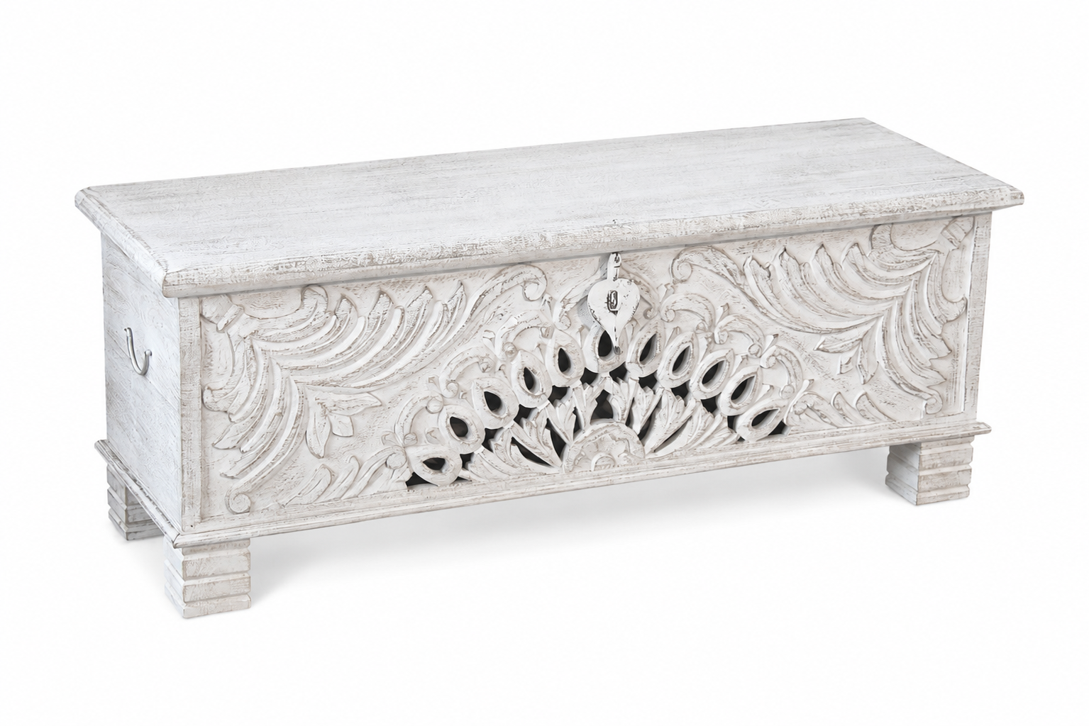 White background image of a lifestyle image of a Hand-carved mango wood vintage chest with floral detailing – a one-of-a-kind mango wood chest ideal for Mediterranean-inspired interiors.