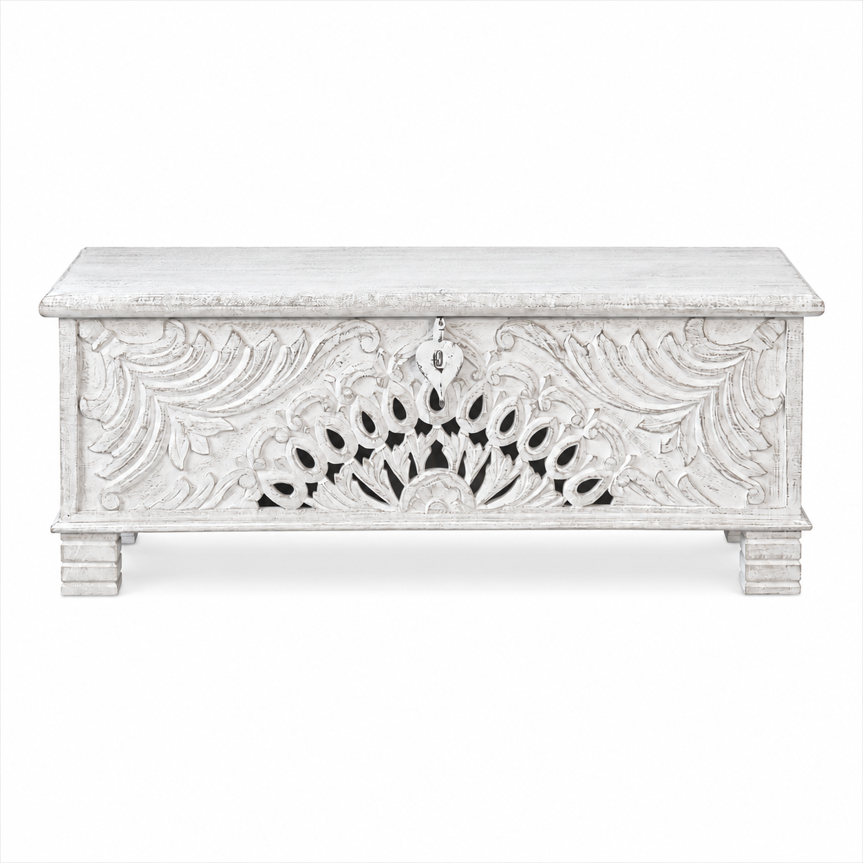 White background image of a Hand-carved mango wood vintage chest with floral detailing – a one-of-a-kind mango wood chest ideal for Mediterranean-inspired interiors.