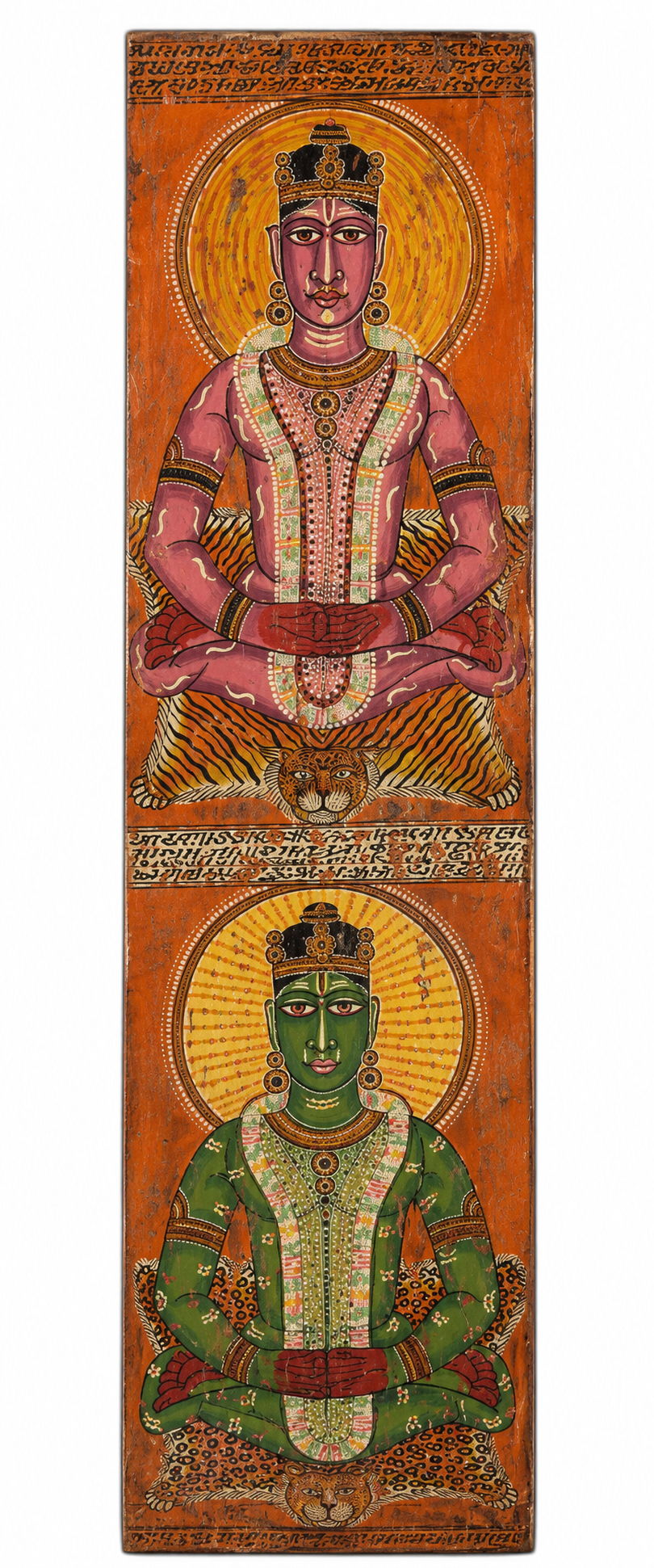 White background image of a hand-painted recycled teak wall panel with Indian Maharaja-inspired motifs, crafted from an antique door for unique fairytale wall décor.