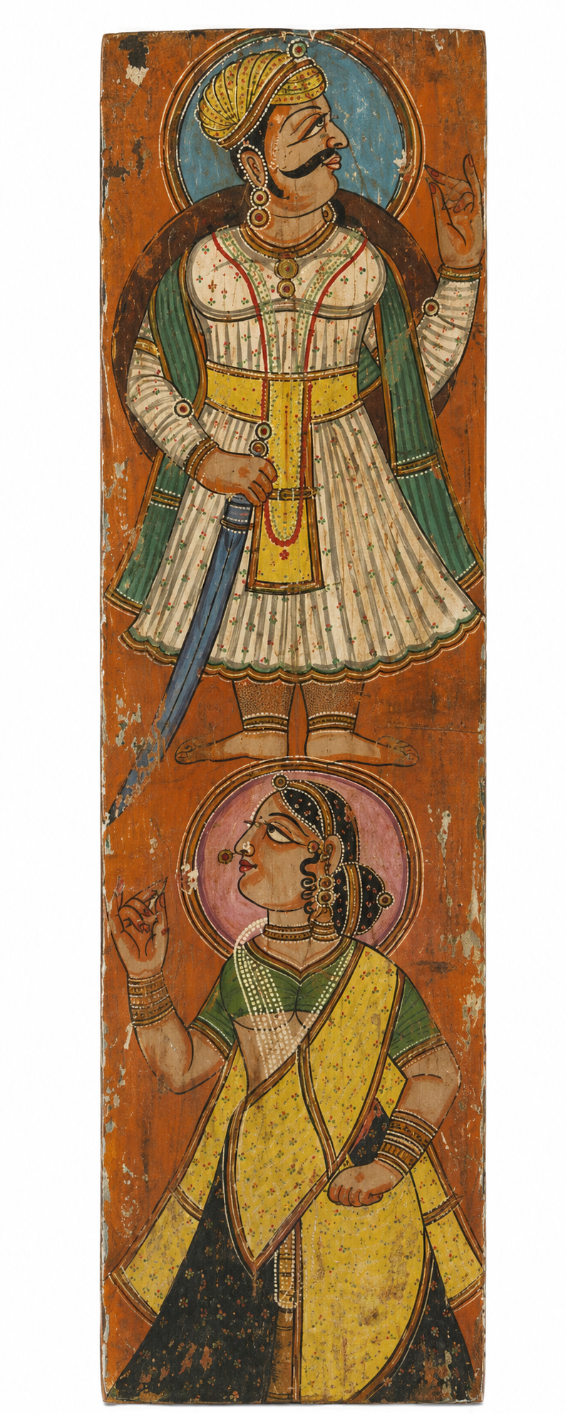 White background image of a hand-painted reclaimed teak wall panel with Indian Maharaja-inspired motifs, crafted from an antique door for unique cultural wall décor.