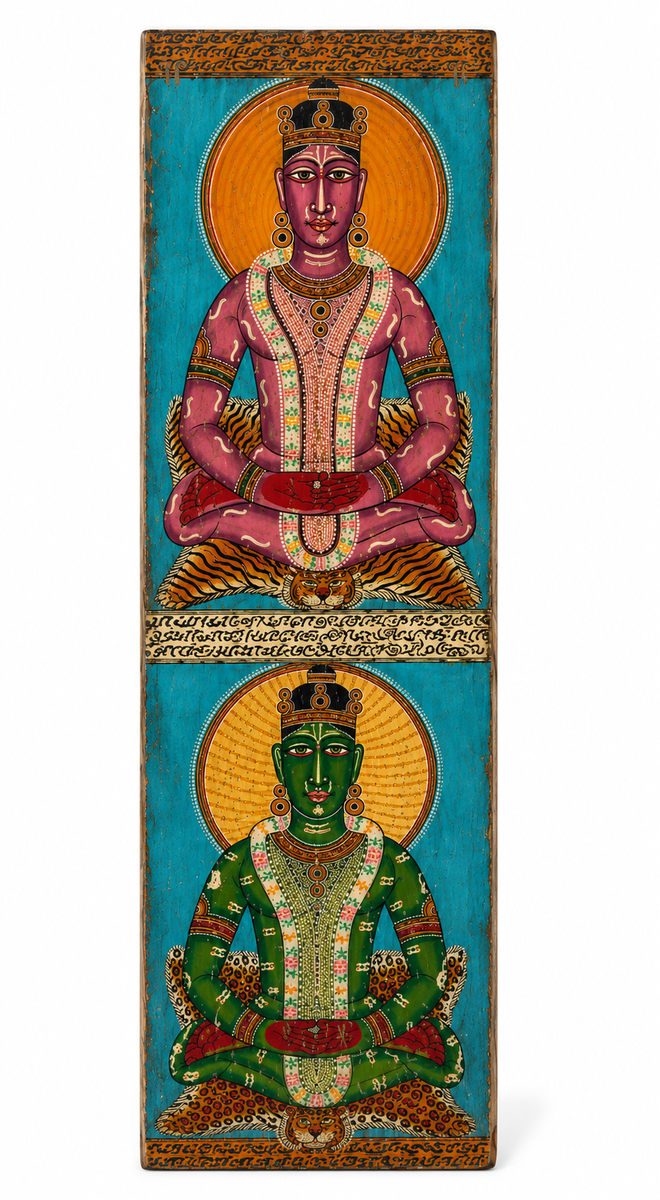 White background image of a hand-painted reclaimed teak wall panel with royal Indian Maharaja-inspired motifs, crafted from an old door panel for unique cultural wall décor.