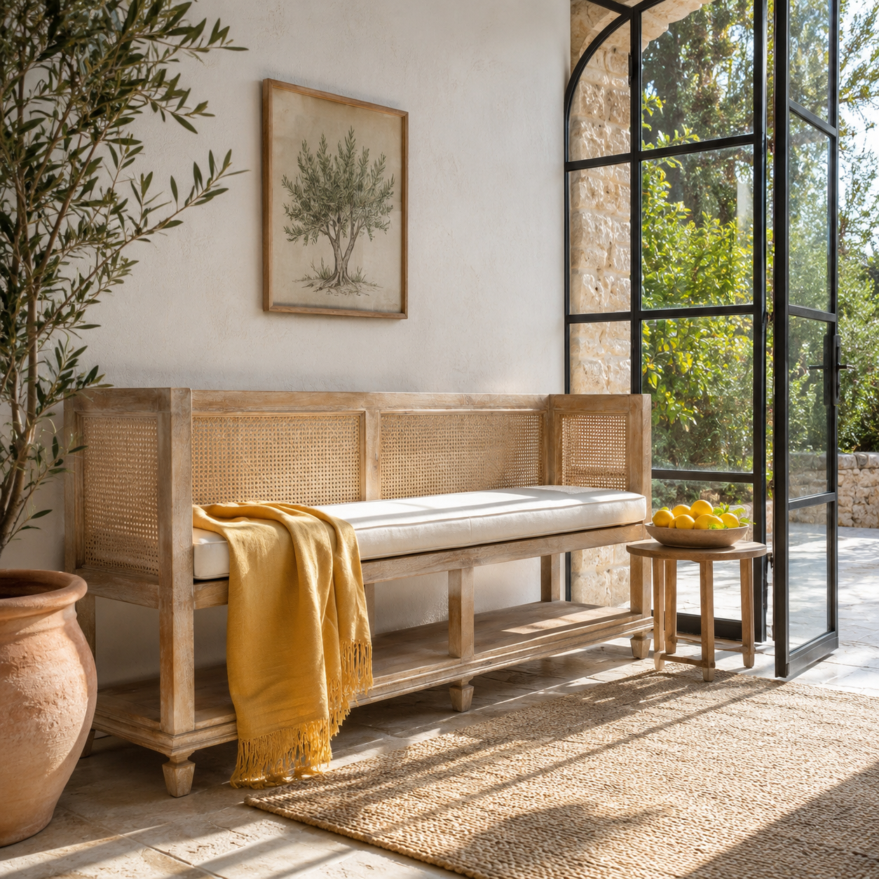 Lifestyle image of a Raipur mango wood bench with handwoven rattan backrest and cotton cushion, 180cm