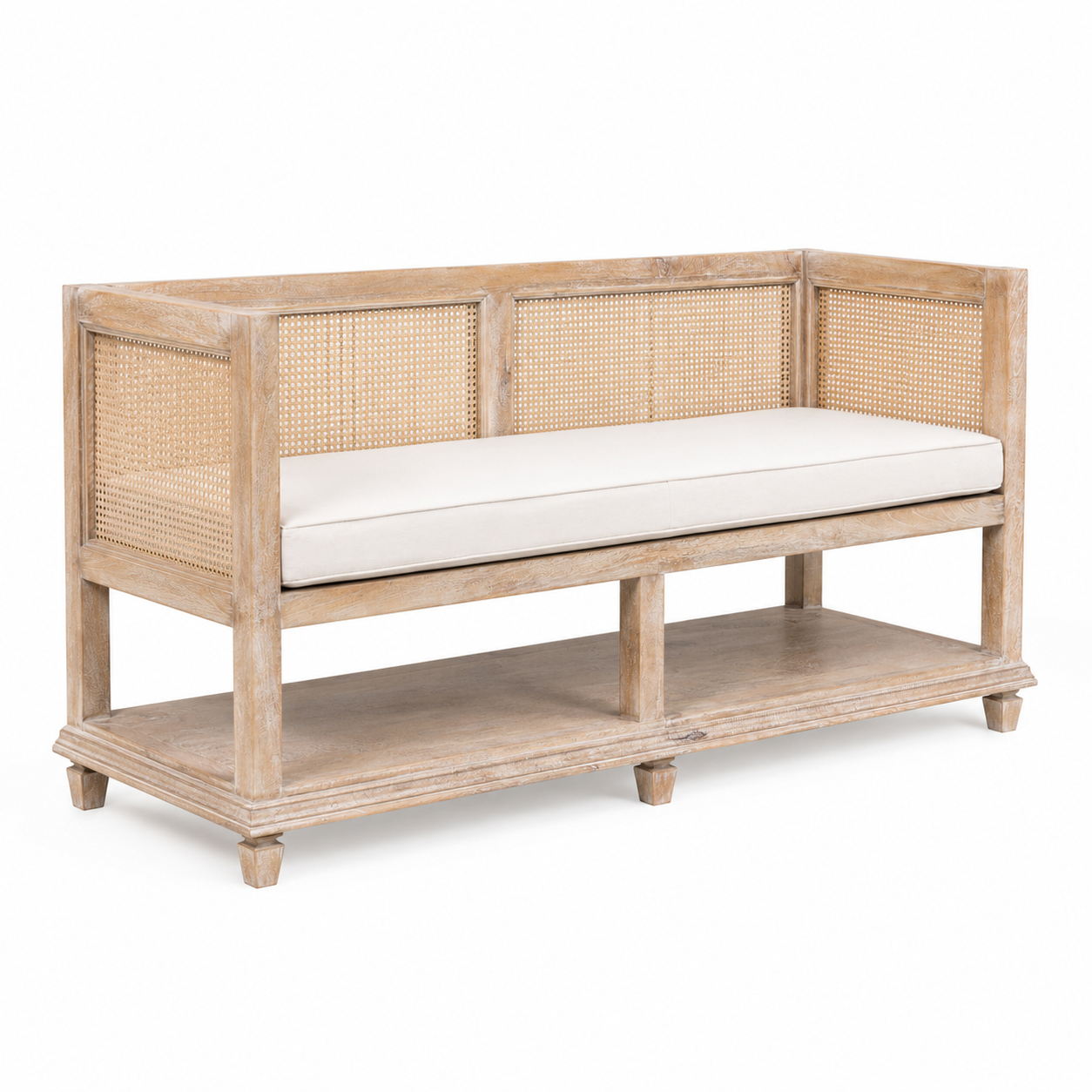 Side angle image of a Raipur mango wood bench with handwoven rattan backrest and cotton cushion, 180cm