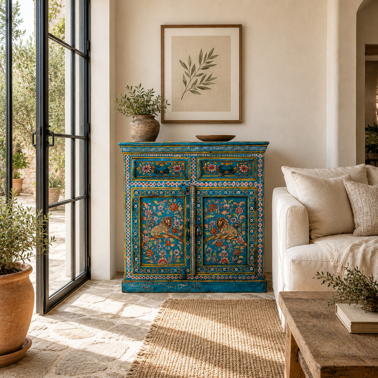 Lifestyle image of a Rajat hand-painted blue reclaimed wood cabinet with colourful floral and animal motifs, two drawers and two doors.