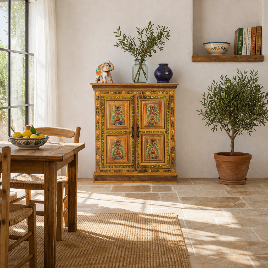Lifestyle image of a hand painted reclaimed wood cabinet with floral design in vintage style.