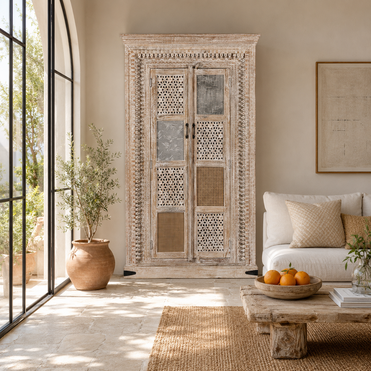 Lifestyle image of a whitewashed mango wood cabinet with hand-carved details, rattan inserts, and glass panels; versatile as bedroom furniture or wooden wardrobe; 192 × 110 × 40 cm.
