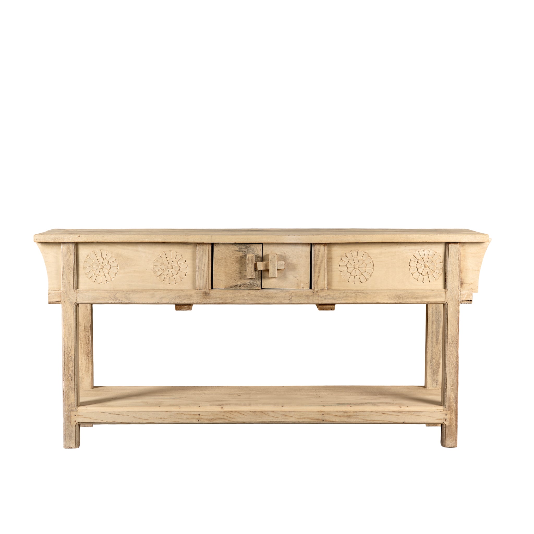 White background image of a rustic reclaimed teak console table with hand-carved detailing and hidden side compartments; sustainable furniture, 170 × 82 × 48 cm.
