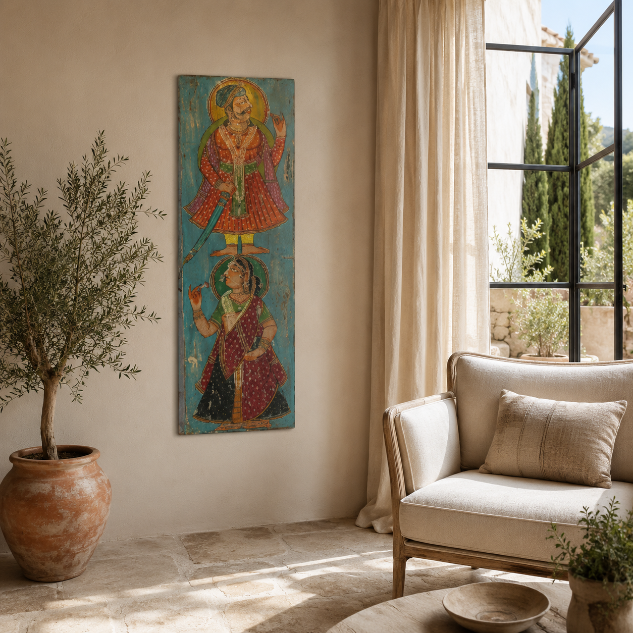 Lifestyle image of a hand-painted reclaimed teak wall panel with royal Indian Maharaja-inspired motifs, crafted from an old door panel for unique cultural wall décor.
