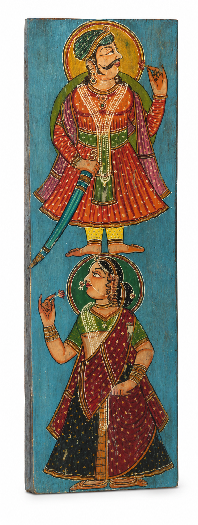 White background image of a hand-painted reclaimed teak wall panel with royal Indian Maharaja-inspired motifs, crafted from an old door panel for unique cultural wall décor.