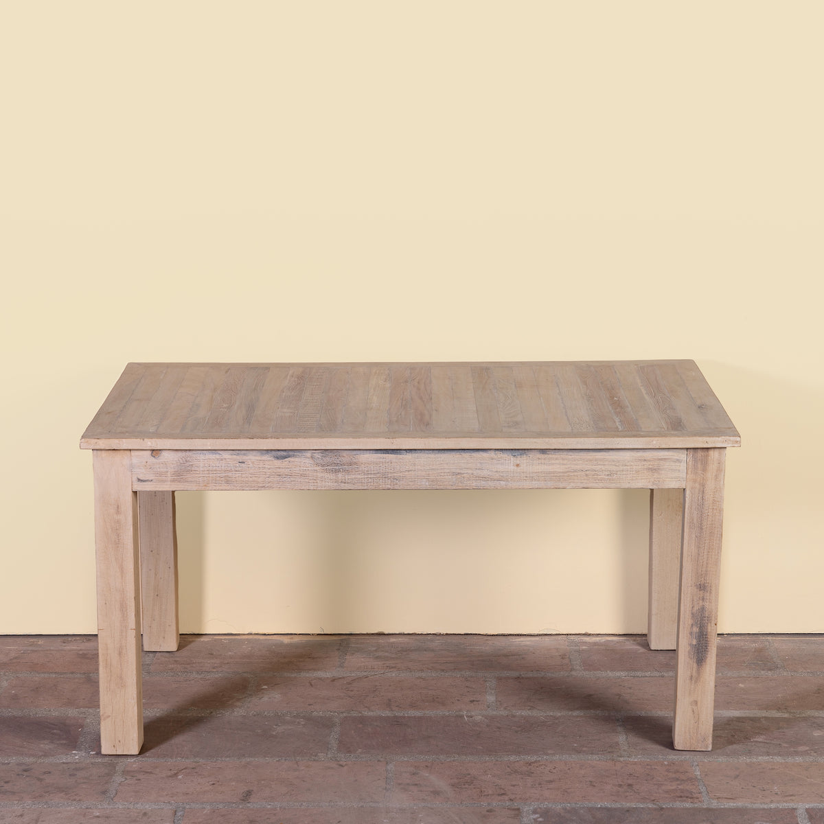 Ravi bleached reclaimed wood dining table with rectangular top and straight wooden legs, 150x90x76cm