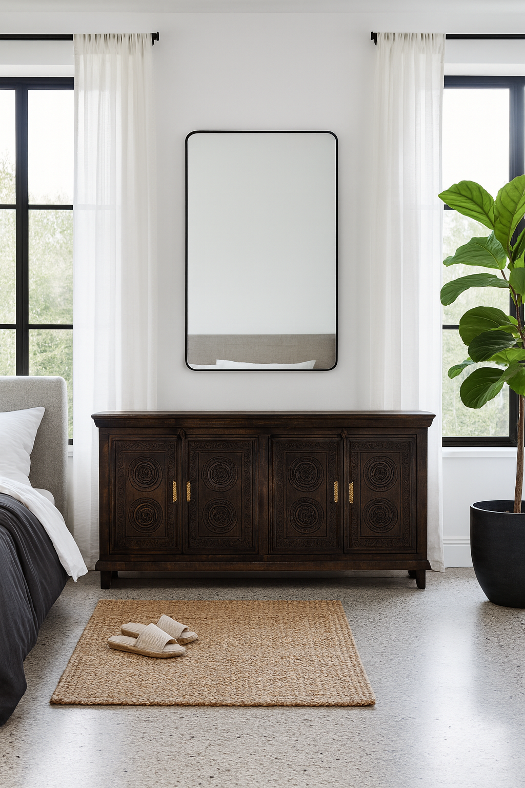 Lifestyle image of a handcrafted wood carved sideboard in black mango wood with four doors, versatile for bedroom furniture or living spaces, 180 × 40 × 90 cm.