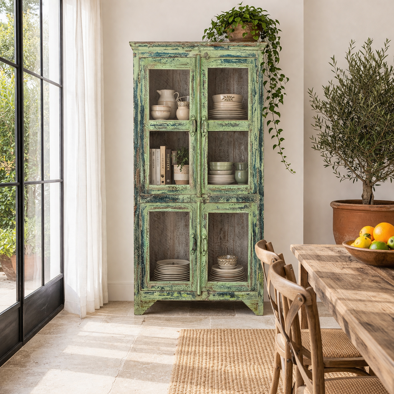Lifestyle image of a refurbished teak wood showcase with distressed green finish – sustainable furniture with boho style interior appeal and glass-panelled storage.