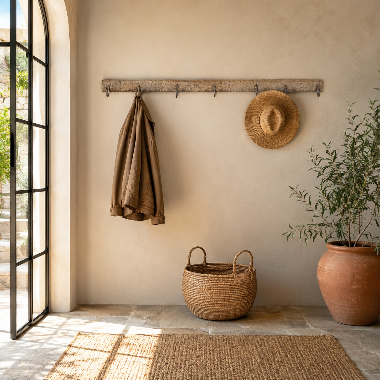 Lifestyle image of a hand-carved reclaimed wood wall hook rack made from an antique Indian architectural element with five iron hooks, bleached finish, floral carvings, and vintage character, 150cm.