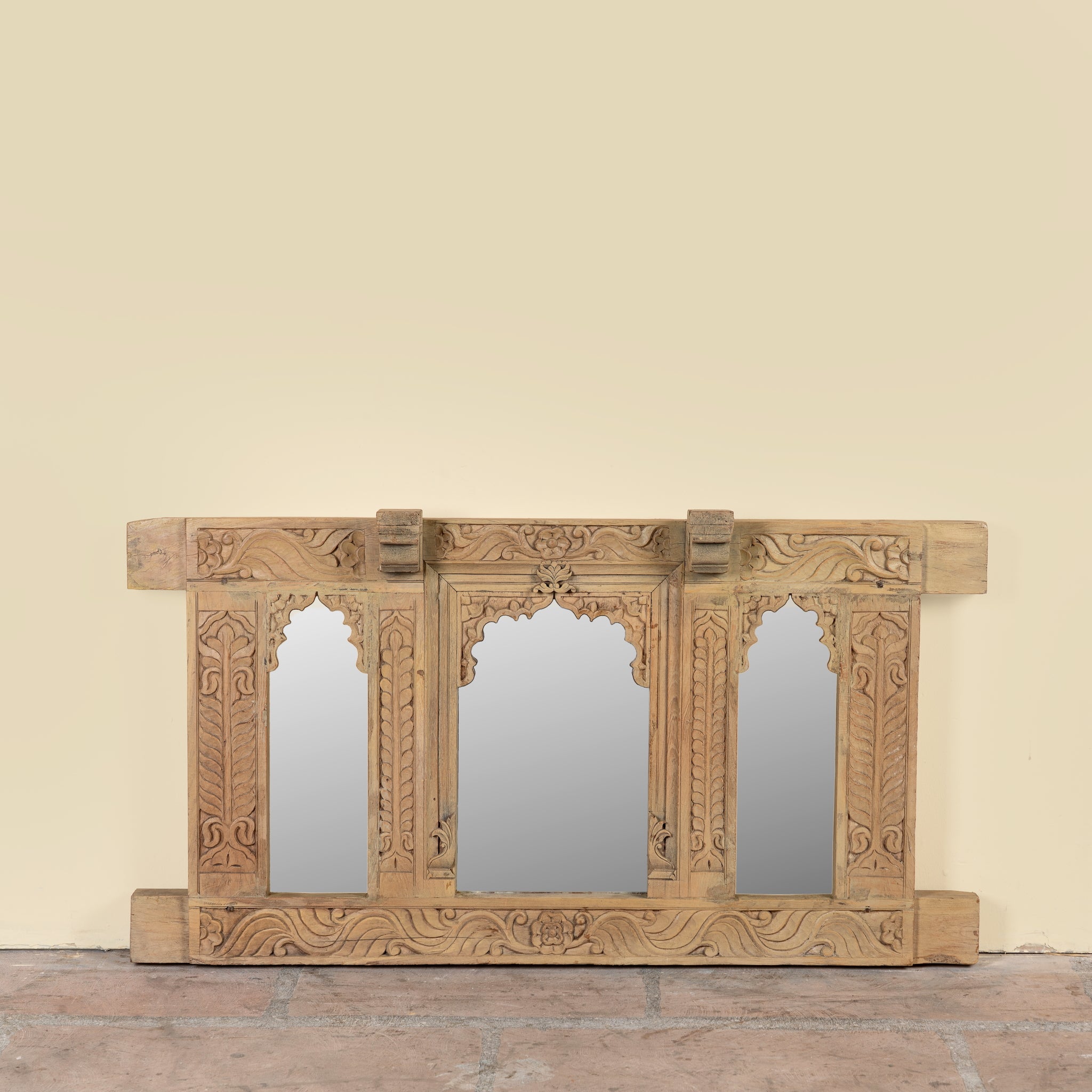 Rishab hand carved reclaimed teak wood mirror made from an original Indian window frame with three arched mirror panels 122cm