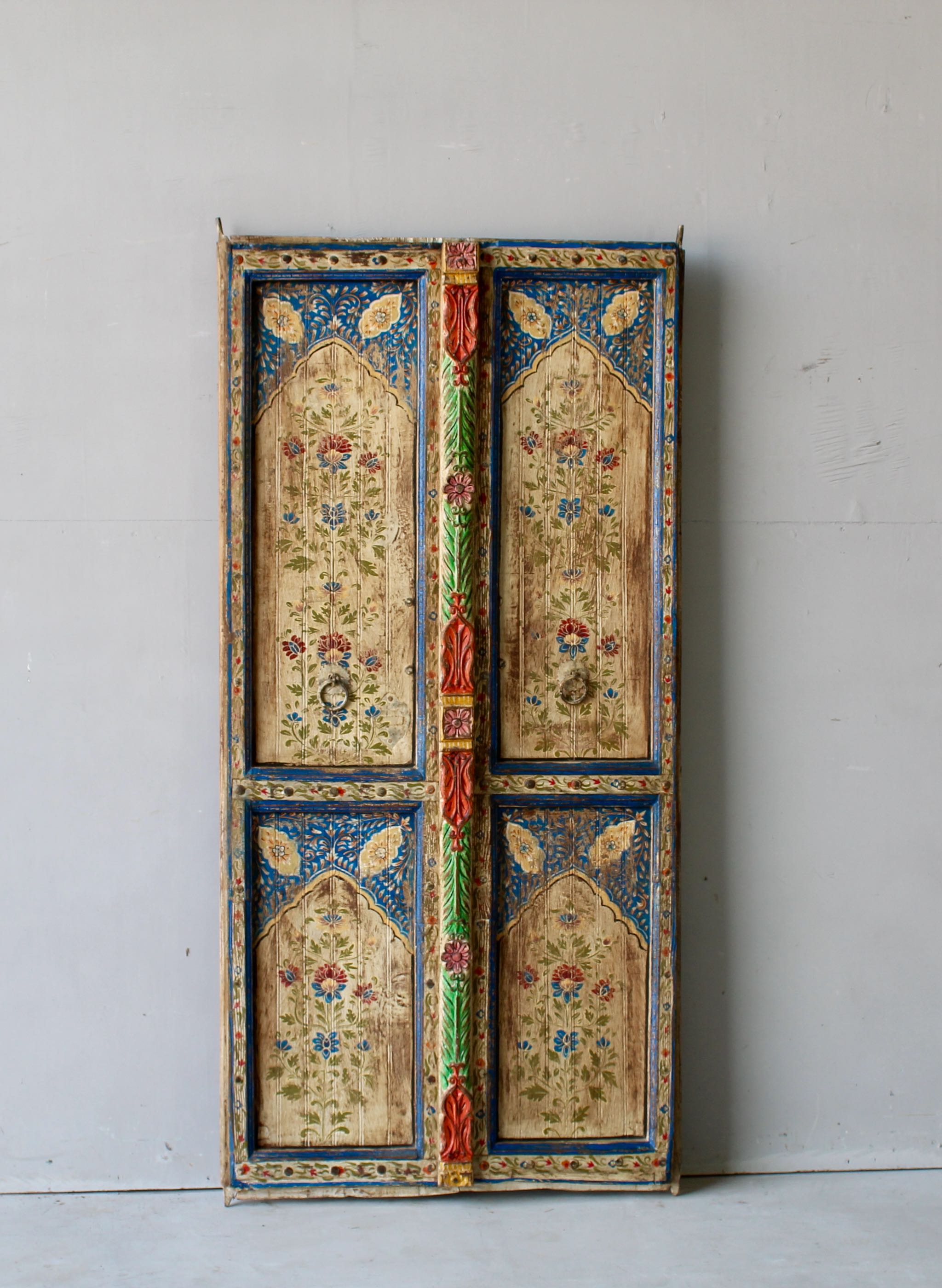 Hand-painted Indian antique door panel with floral motifs, vintage wall panels, and timeless Mughal-style design for vintage home decor.