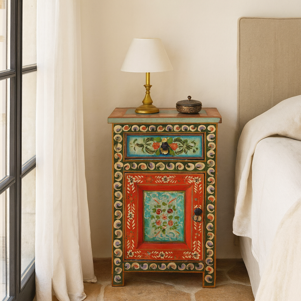 Lifestyle scene with a hand-painted bedside tables made from recycled wood – vintage night stands with carved mango wood furniture detailing and floral artistry.
