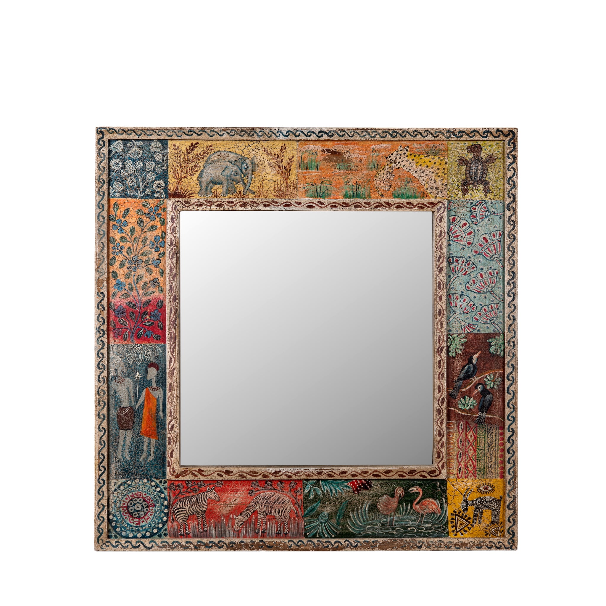 White background image of a Rudransh hand-painted reclaimed wood wall mirror featuring colourful Indian folk art panels with wildlife and botanical motifs, 90x90x5cm.