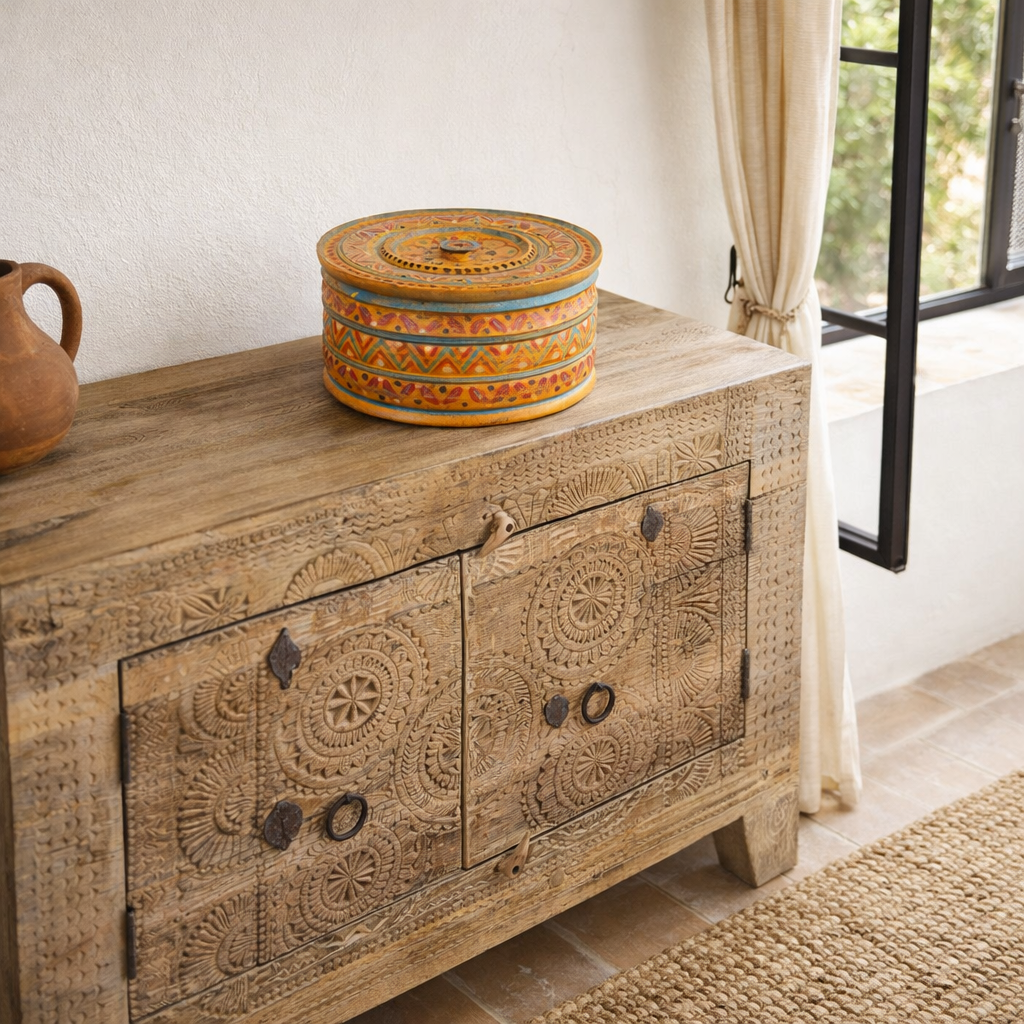 Lifestyle imagination of a of a hand-painted round wooden box with lid, featuring traditional Indian script and decorative motifs in red, blue, and black. A unique Indian decor item used for storage or display, available in four different designs.