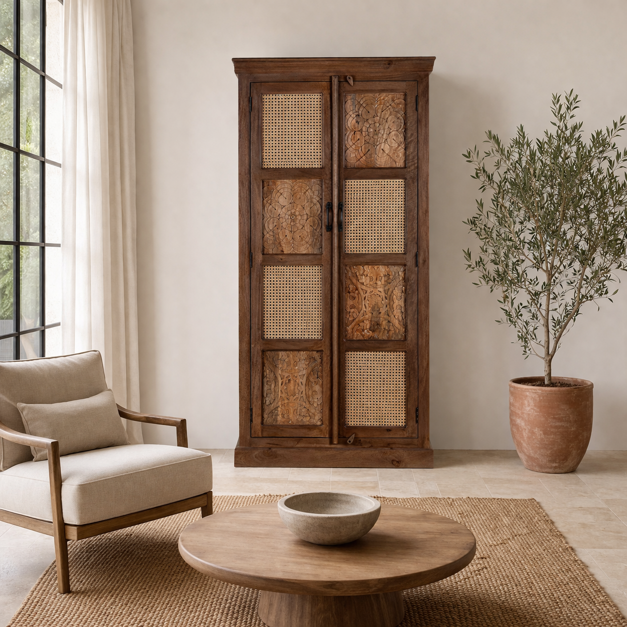 Lifestyle image of a tall mango wood furniture cabinet with hand-carved details and woven rattan doors, artisan rattan furniture, 90 × 40 × 180 cm.