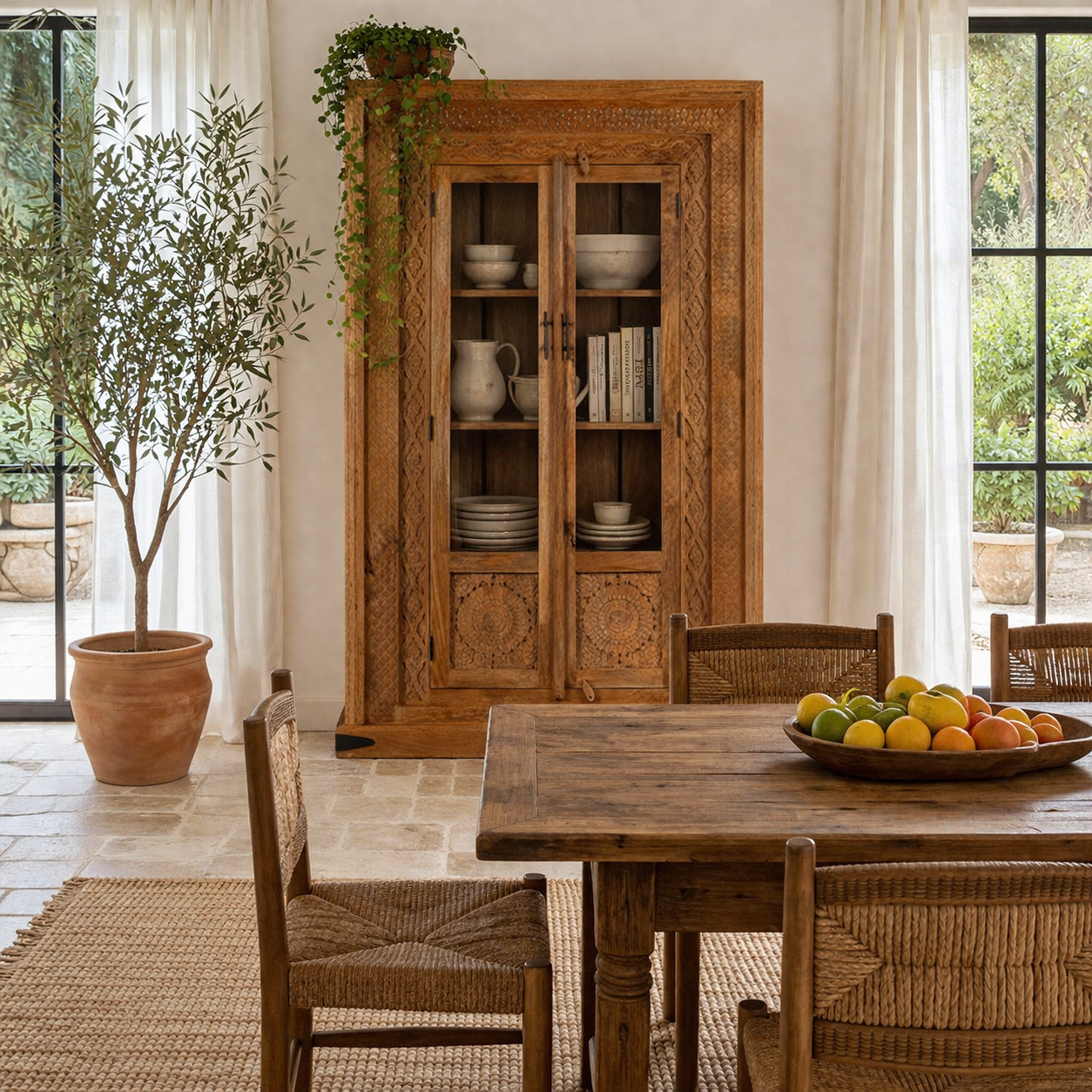 Lifestyle image of a of a hand carved display cabinet made from natural mango wood with floral detailing and glass-panelled doors; 180 × 110 × 40 cm.