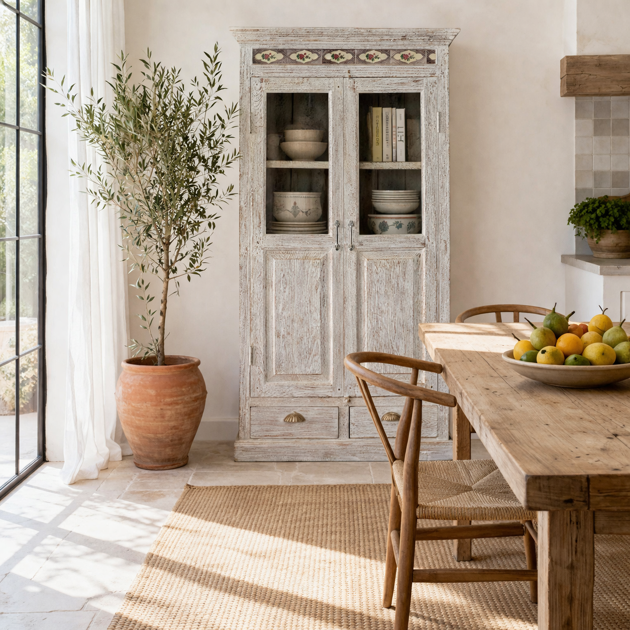 Lifestyle image of a reclaimed teak wood cabinet in shabby chic white with glass doors and ceramic inlays – dining room furniture with vintage elegance.