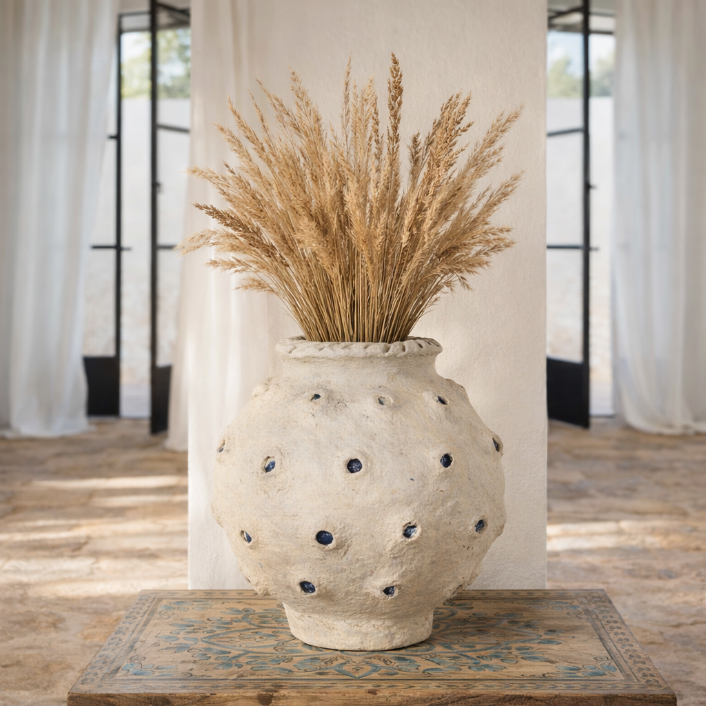 Lifestyle image of a handmade papier-mâché vase Barfi with dotted surface and mirrored details. A vintage home accessory and unique Indian decoration ideal for dried flowers or as a sculptural piece in vintage home decor.