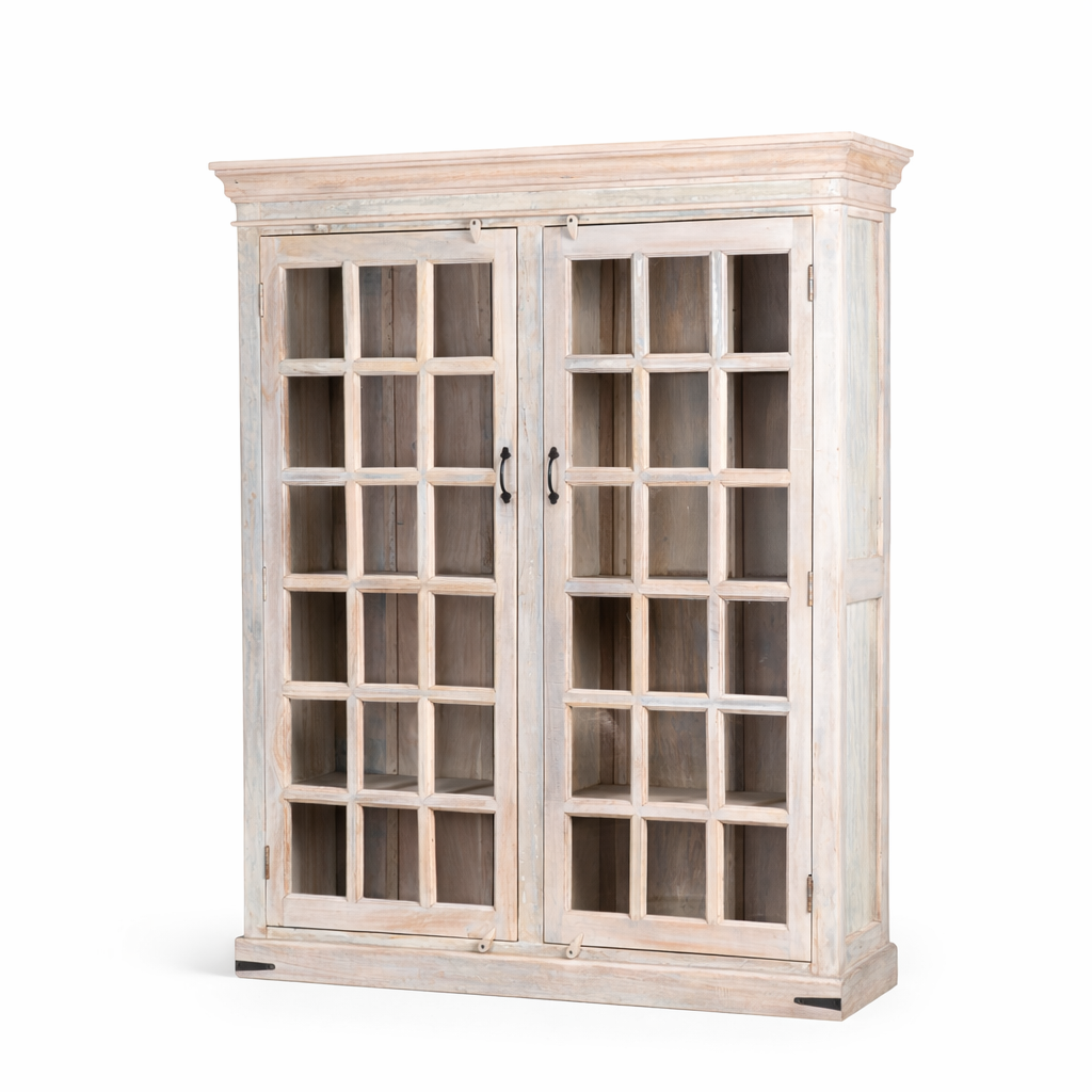 White background image of a tall reclaimed wood cabinet in sandblasted vintage design with glass-panelled doors; rustic living room furniture, 100 × 40 × 190 cm.