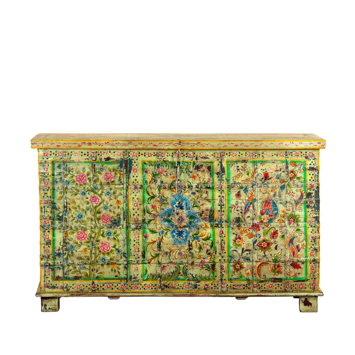 White background image of a Ruturaj hand painted reclaimed Indian teak wood chest with colourful floral motifs and iron fittings 150cm