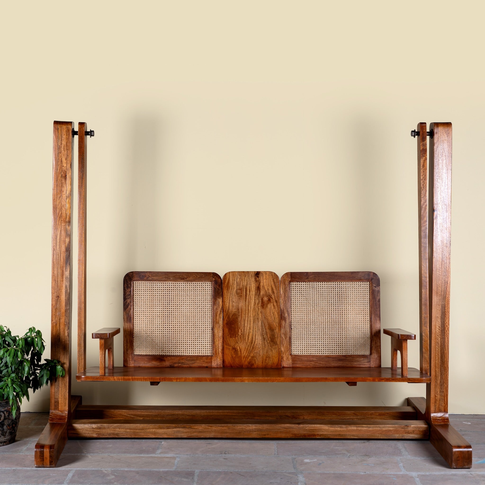 Rutvi mango wood swing bench with stand, rattan backrests and folding coffee table, 237cm