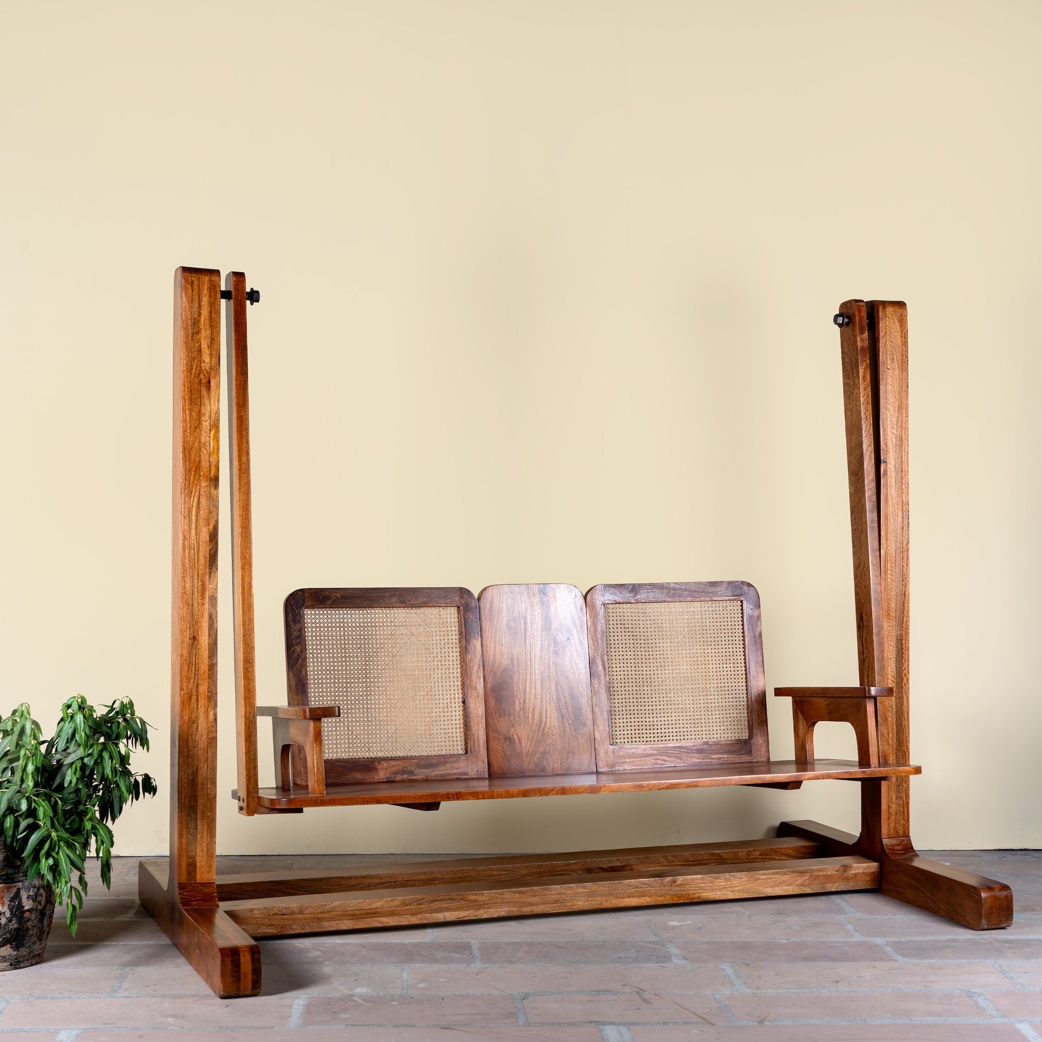 Rutvi mango wood swing bench with stand, rattan backrests and folding coffee table, 237cm
