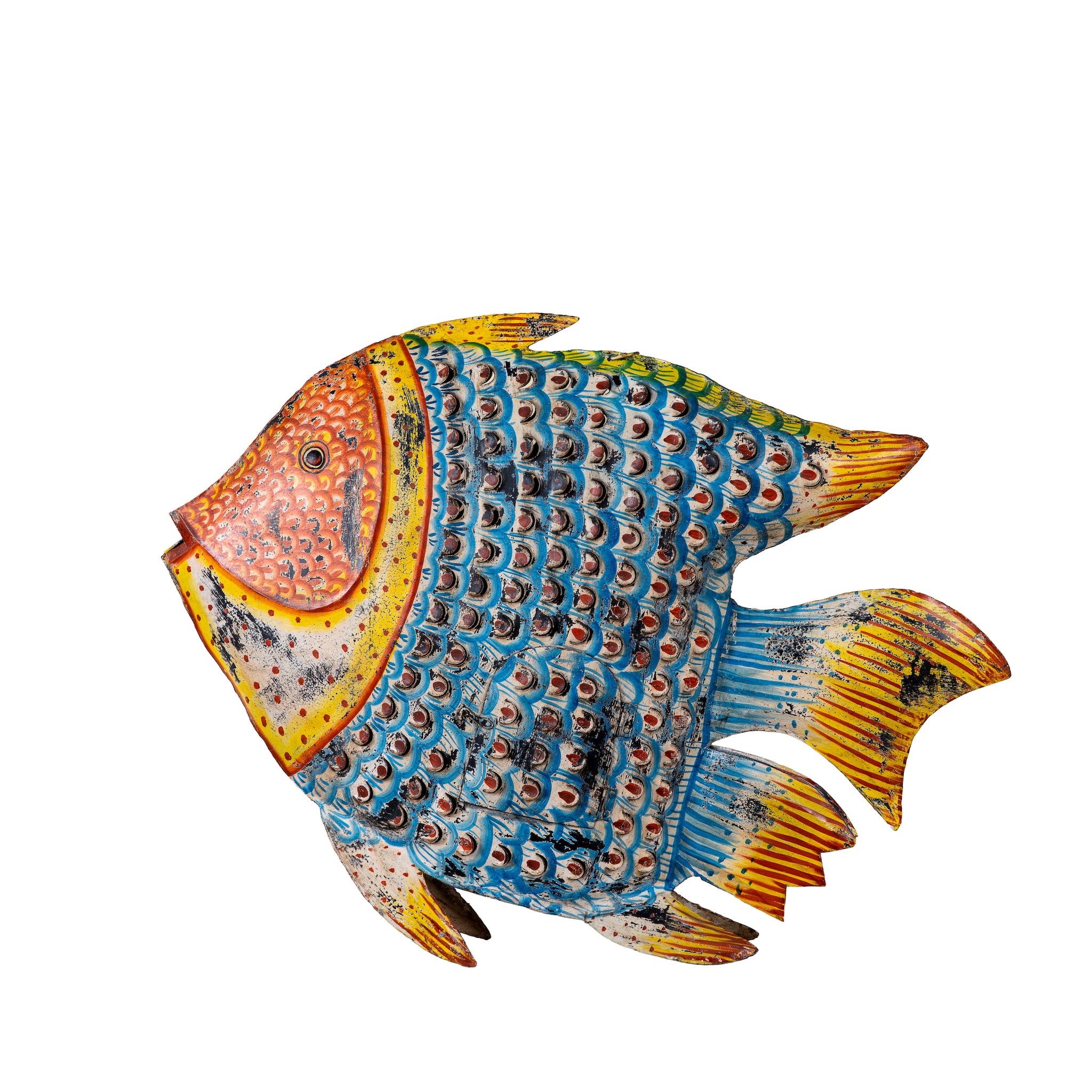 White background image of a Saatvik hand painted freestanding metal fish sculpture with vibrant blue, orange and yellow detailing, handcrafted decorative home accessory, 107x15x80cm.