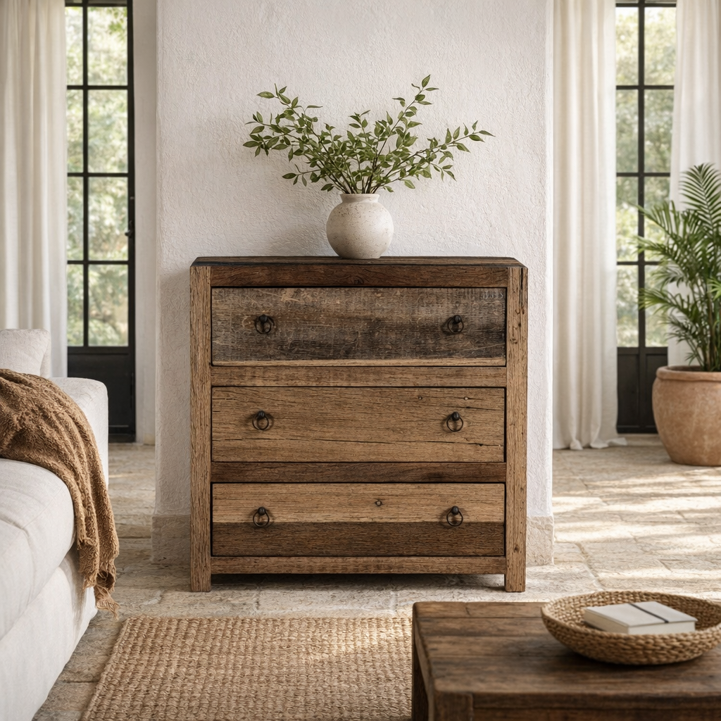 Lifestyle image of a sustainable furniture chest of drawers made from reclaimed driftwood-style wood with iron ring handles, 80 × 45 × 85 cm.