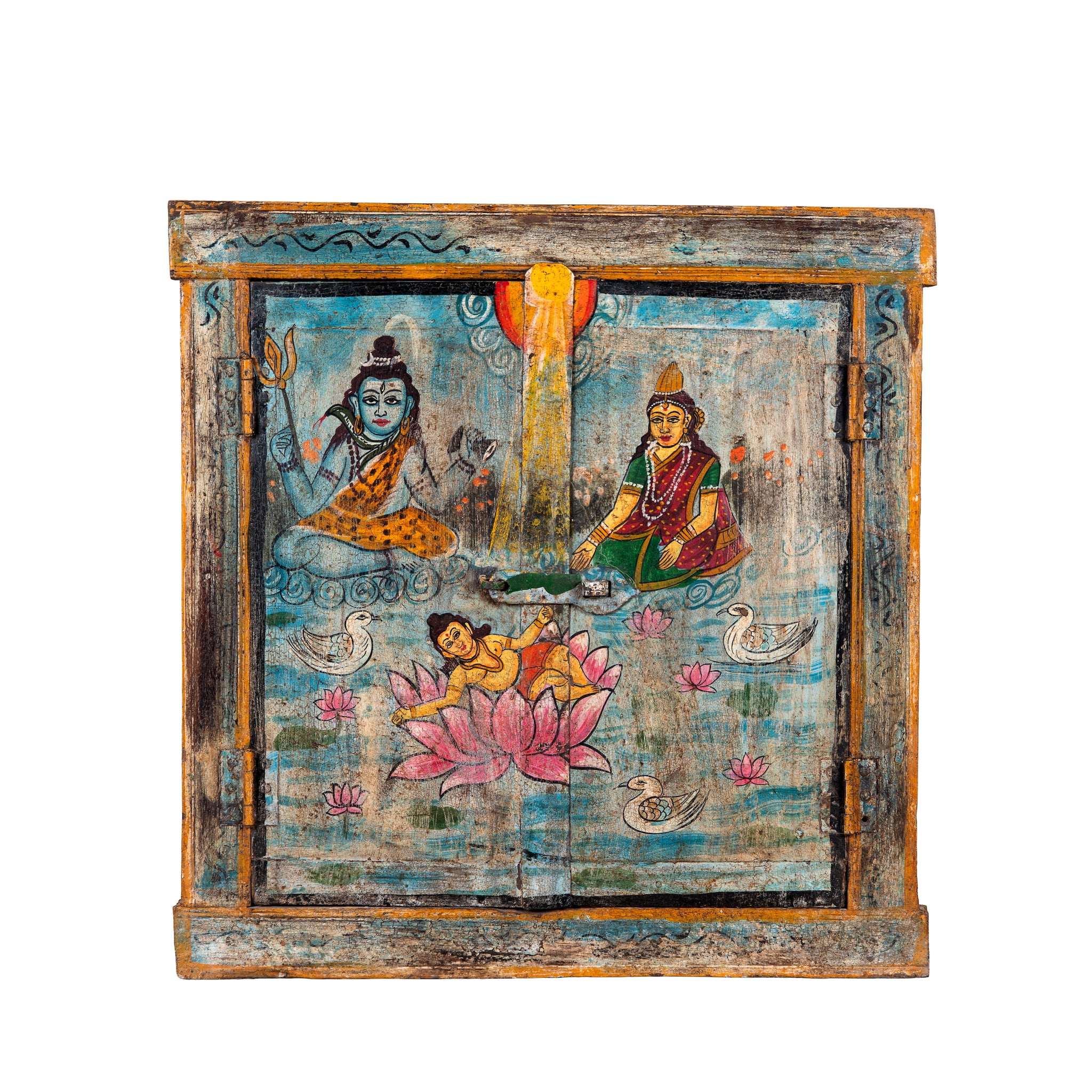 White background image of a sacred Lotus antique reclaimed wood mirror with hand-painted Hindu artwork on an authentic reclaimed vintage wooden mirror frame, 50x50x5cm.