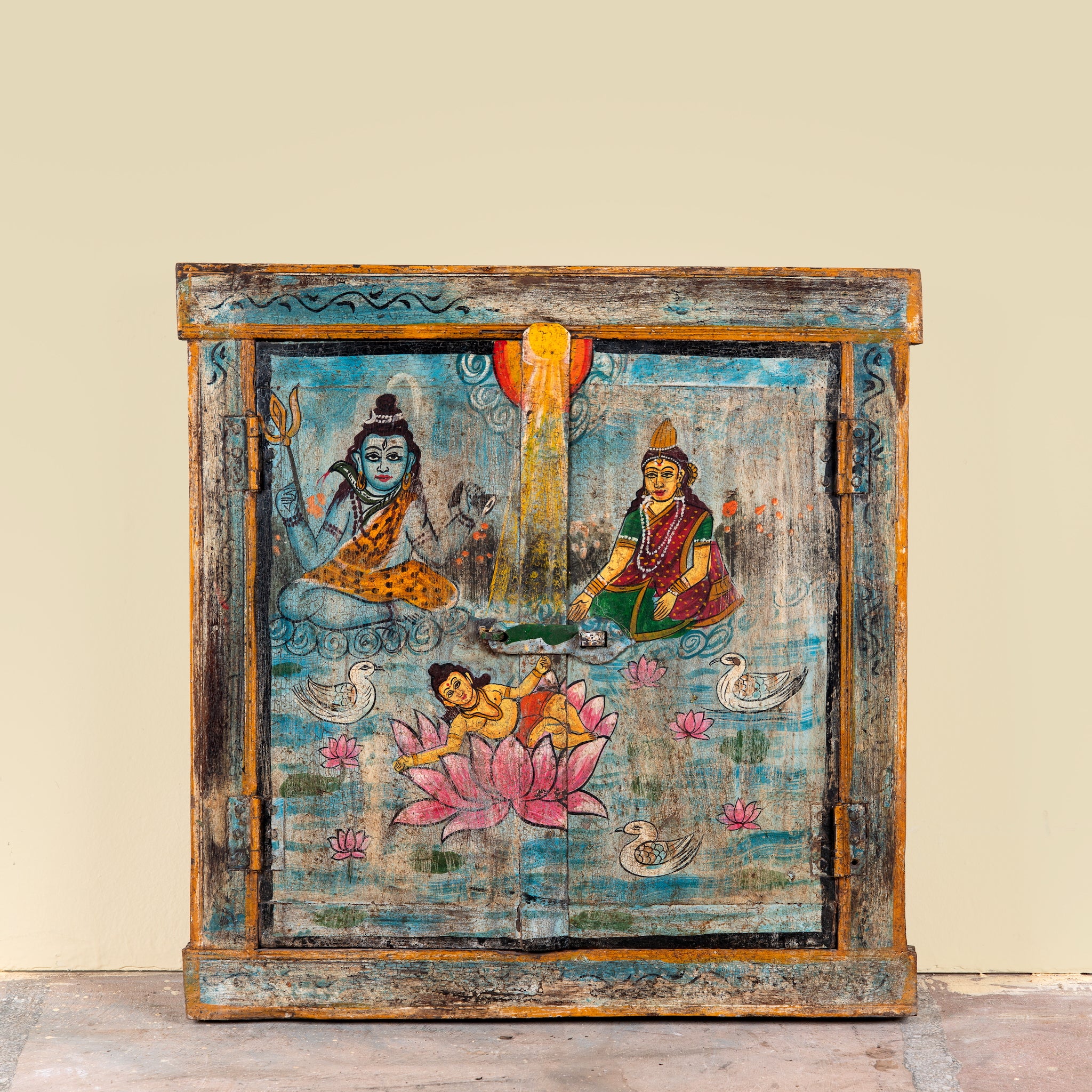 Sacred Lotus antique reclaimed wood mirror with hand-painted Hindu artwork on an authentic reclaimed vintage wooden mirror frame, 50x50x5cm.