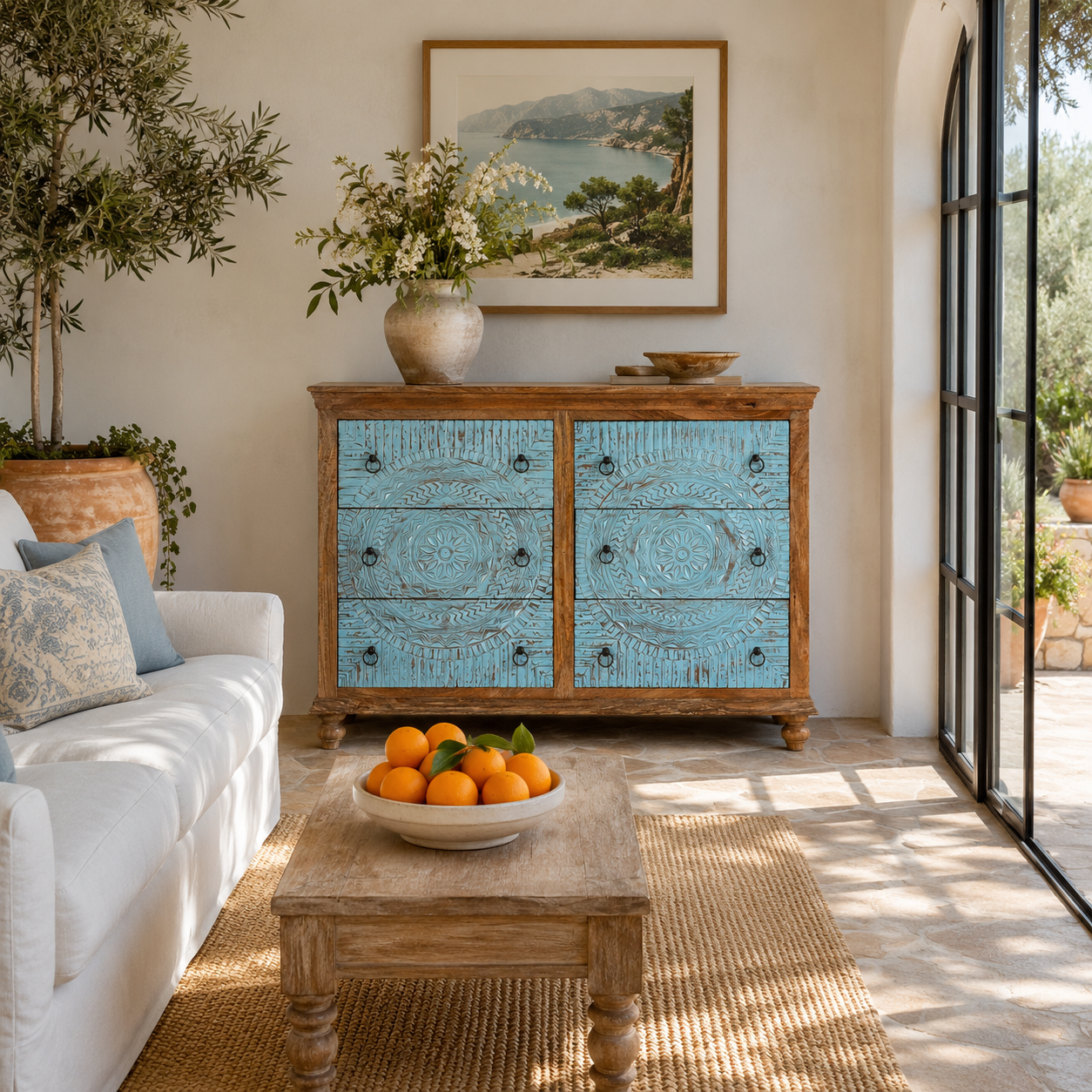 Lifestyle image of a hand-carved mango wood chest of drawers Safita with distressed blue finish and iron fittings, boho style living room furniture, 140 × 42 × 100 cm.