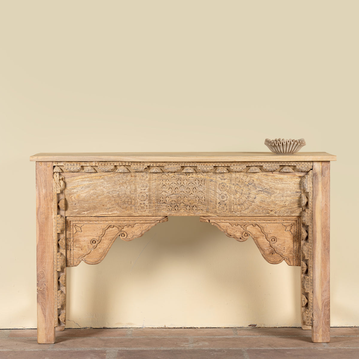 Saiyan reclaimed teak wood console table with hand-carved old Indian house elements and architectural front 140cm