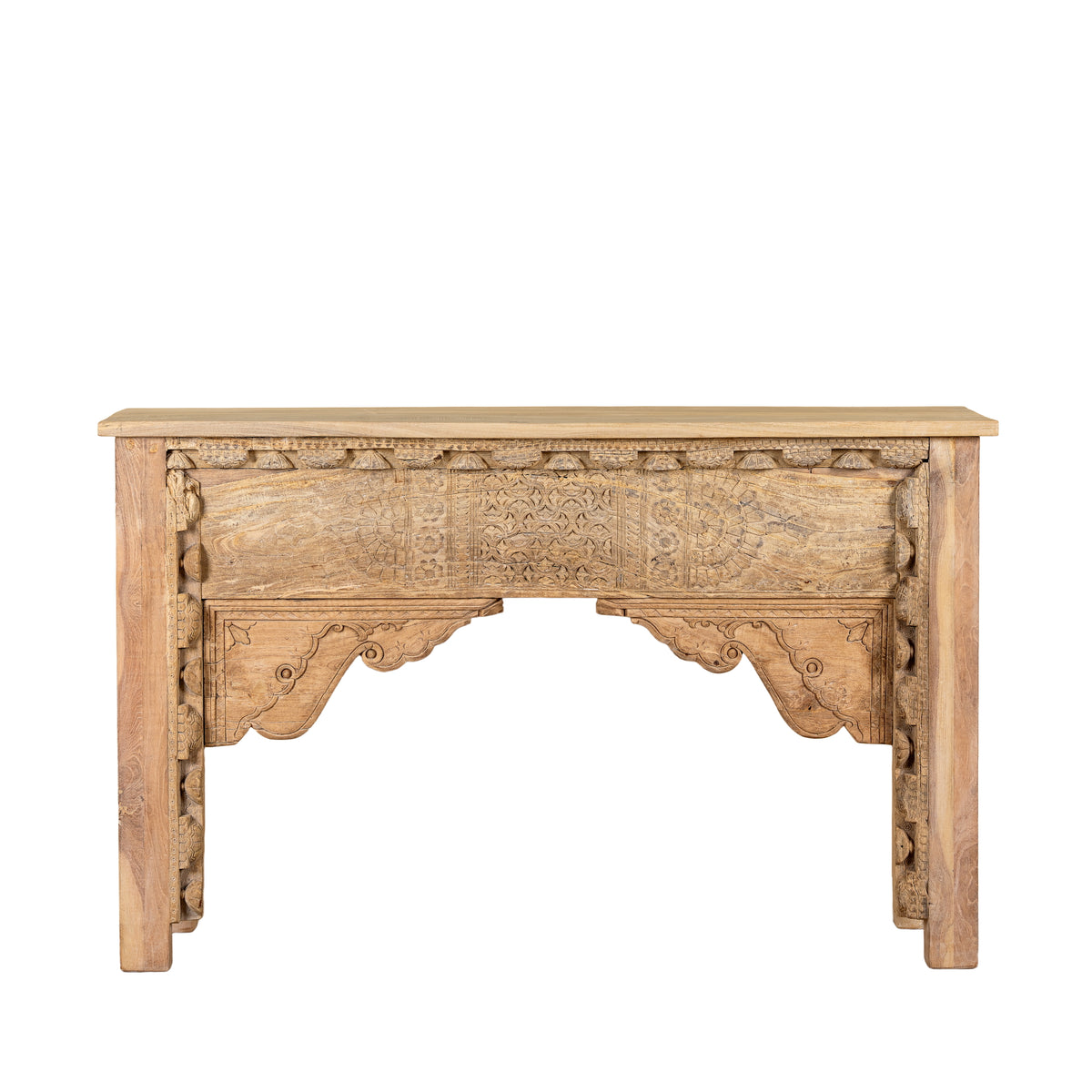 White background image of a Saiyan reclaimed teak wood console table with hand-carved old Indian house elements and architectural front 140cm