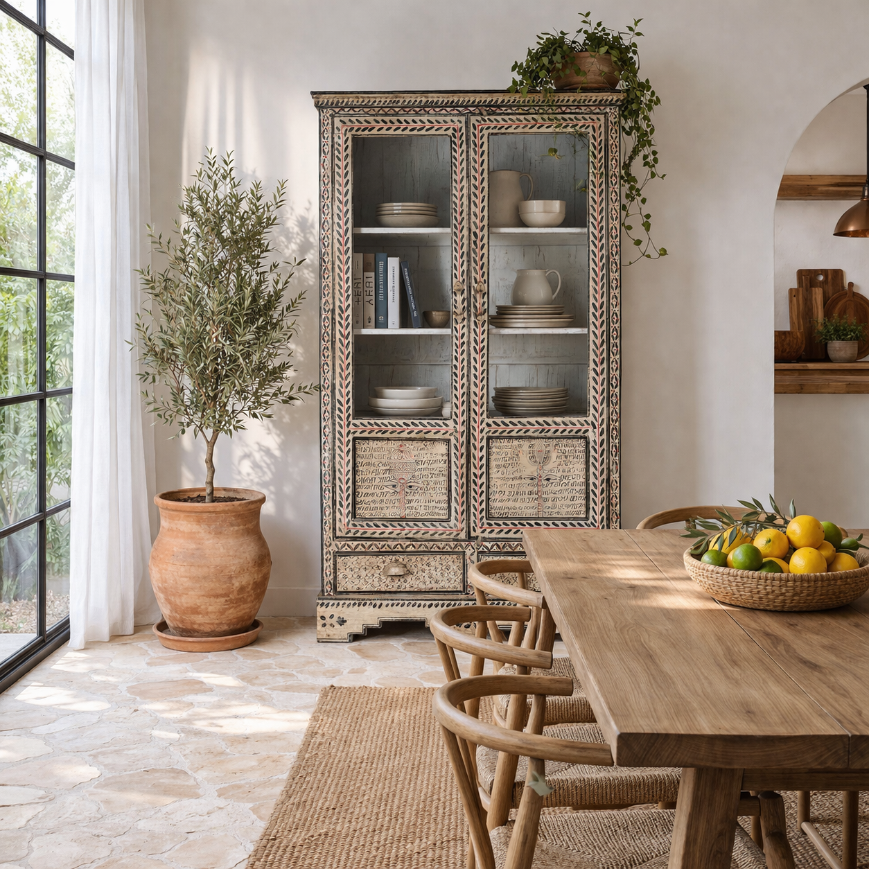 Lifestyle image of a hand-painted display cabinet made from recycled wood with glass doors – sustainable furniture featuring Sanskrit motifs and traditional Indian craftsmanship.