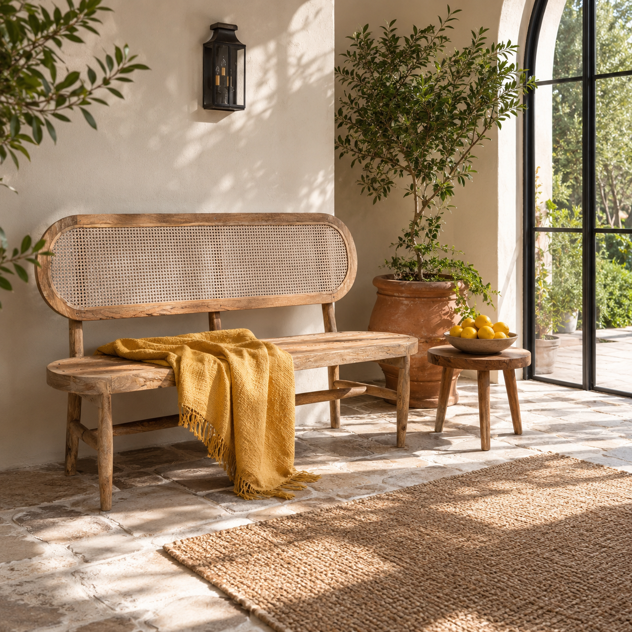 Lifestyle image of a Sandeep mango wood bench with handwoven rattan backrest and natural wood finish, 152cm