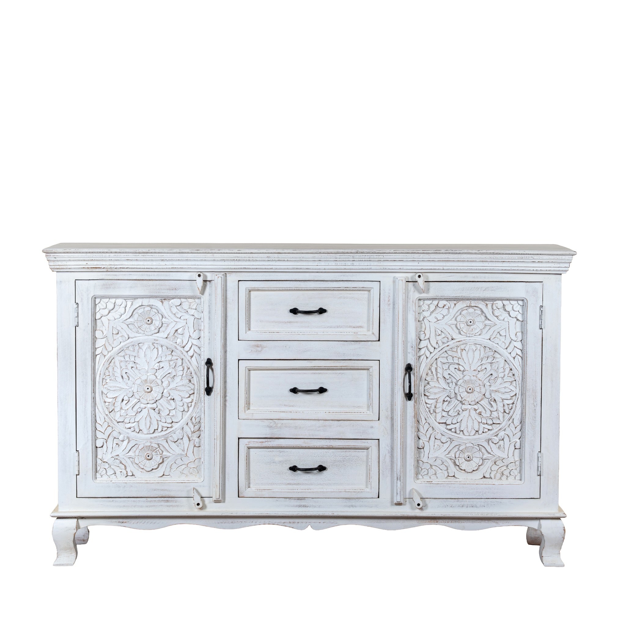 White background image of a mediterranean-style carved sideboard in solid mango wood with floral motifs and elegant legs; ideal for vintage home decor, 150 × 90 × 40 cm.
