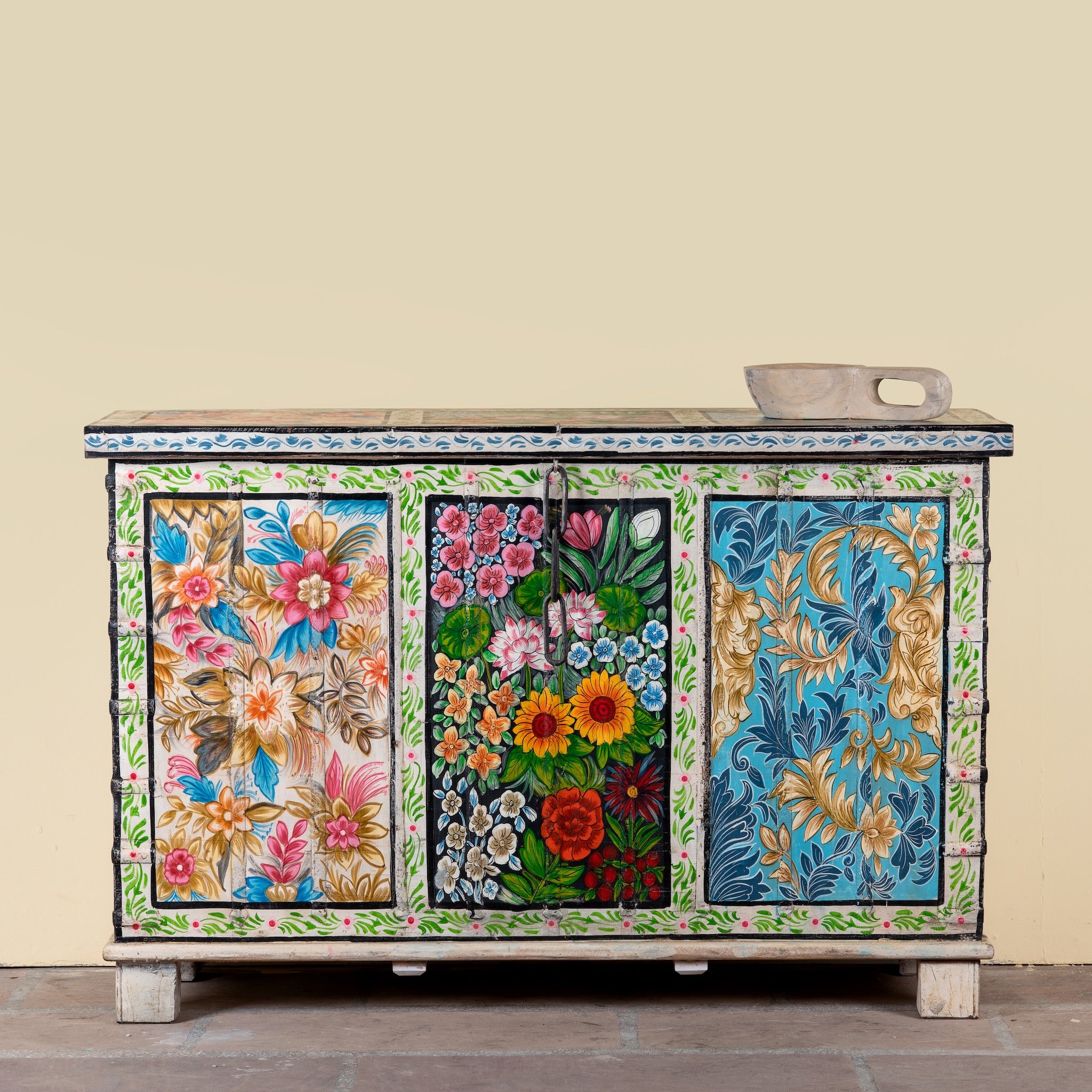 Sarina hand painted reclaimed wood storage chest with traditional Indian artwork 120cm