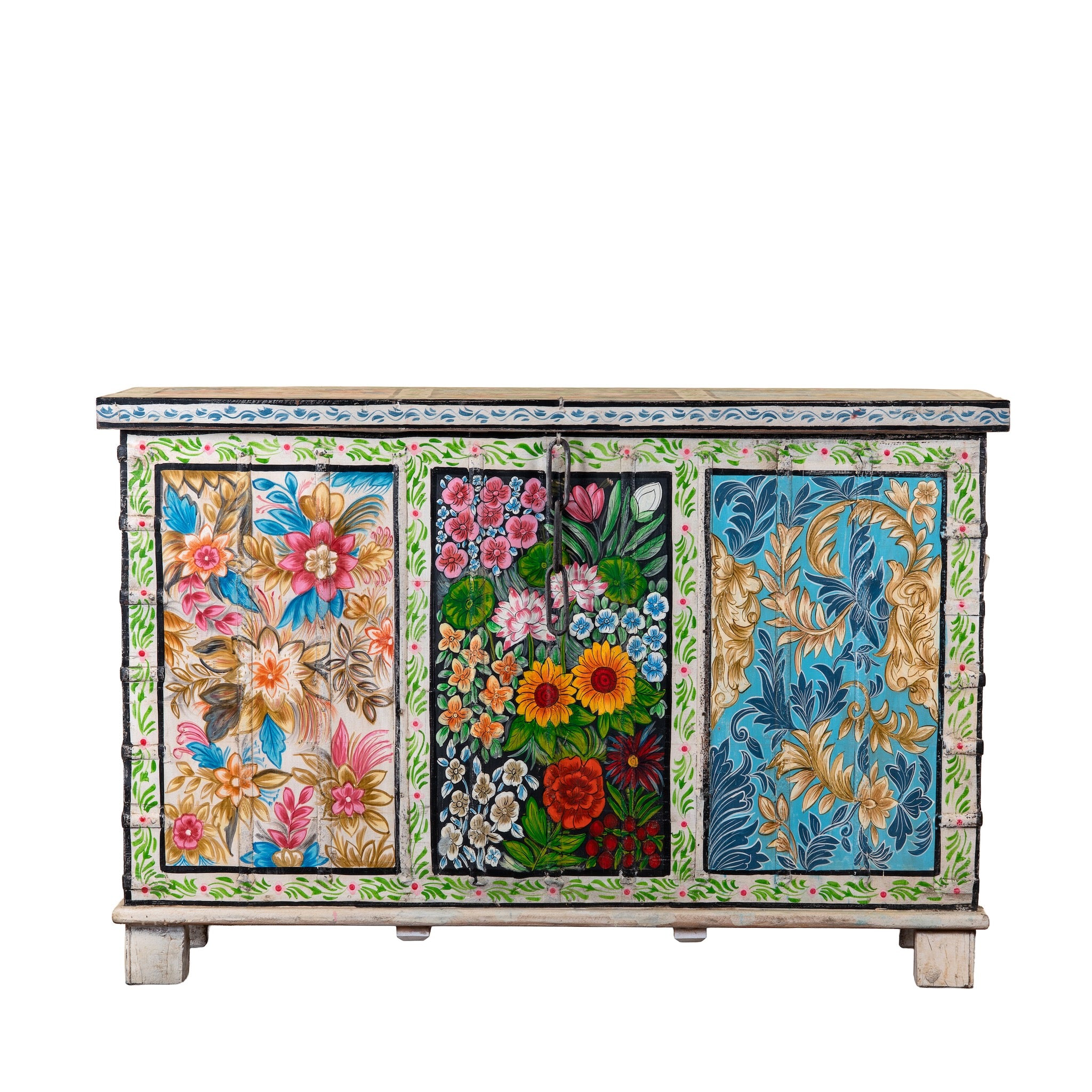 White background image of a Sarina hand painted reclaimed wood storage chest with traditional Indian artwork 120cm