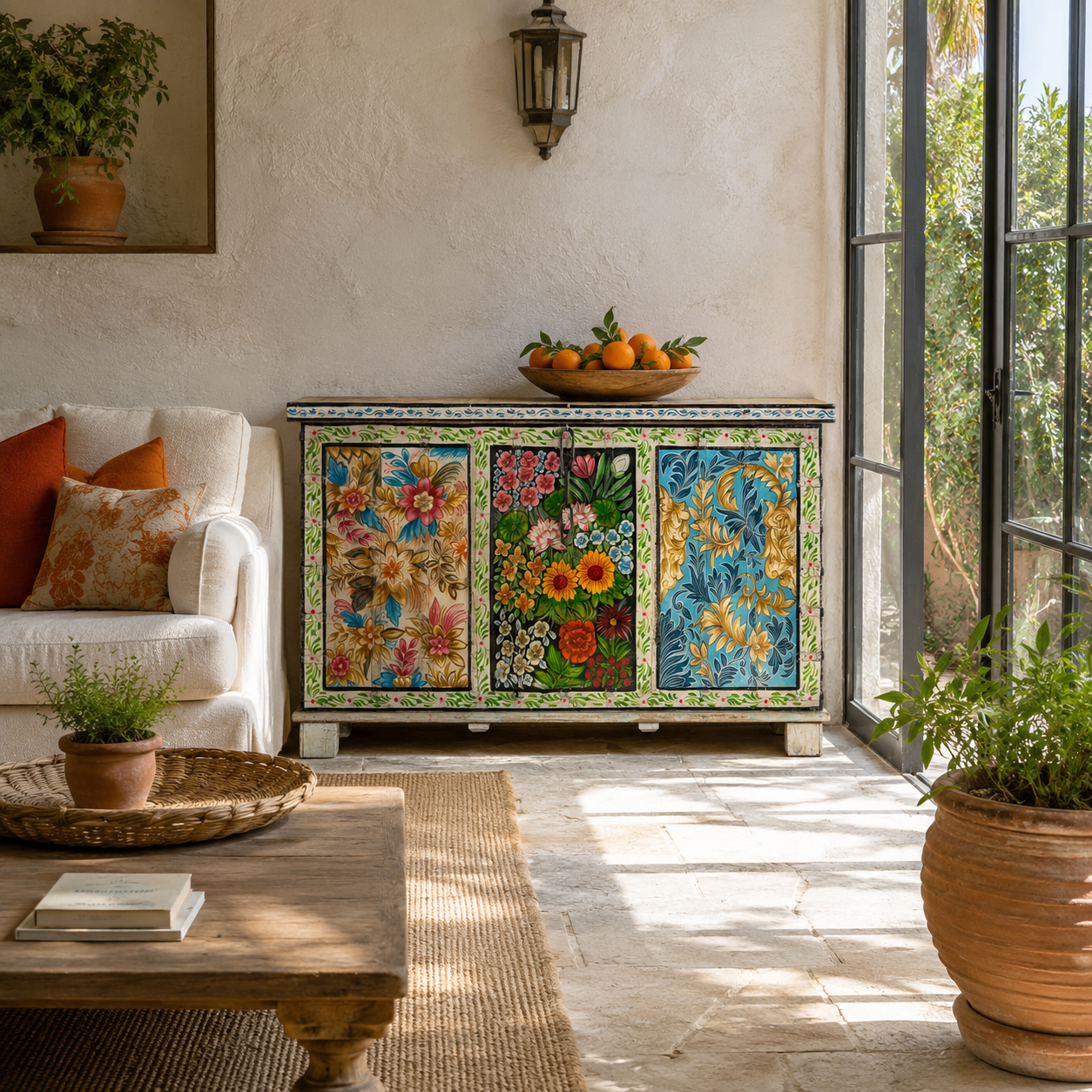 Lifestyle image of a Sarina hand painted reclaimed wood storage chest with traditional Indian artwork 120cm