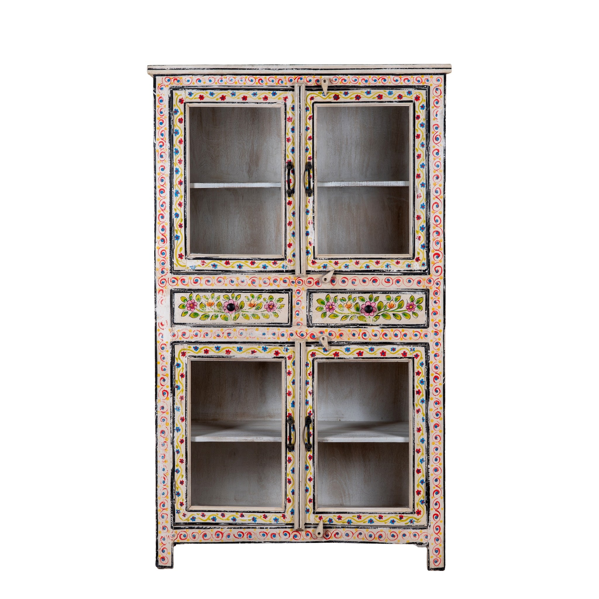 White background image of a Sasha hand painted reclaimed wood display cabinet with glass doors 150cm