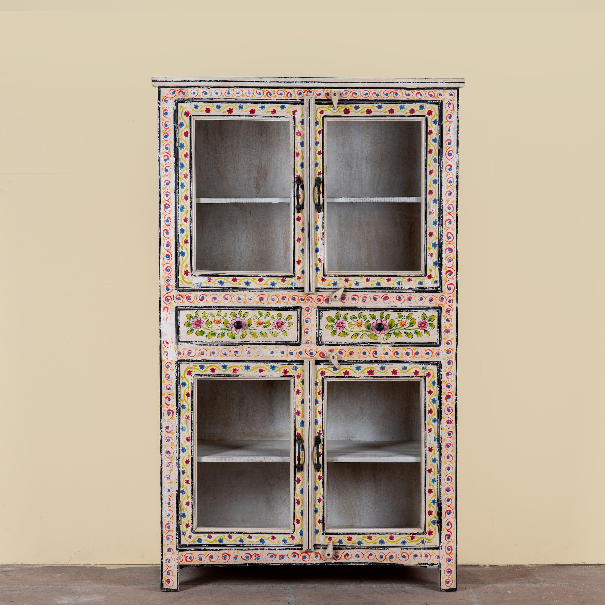 Sasha hand painted reclaimed wood display cabinet with glass doors 150cm