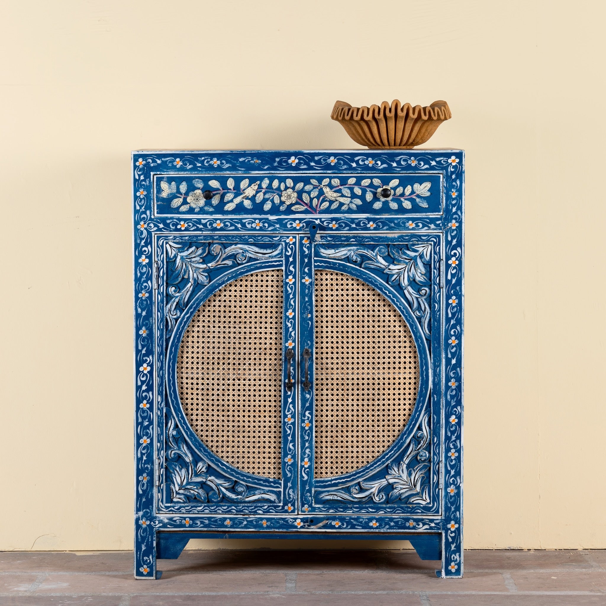 Satya hand painted reclaimed wood cabinet with natural rattan doors 105cm