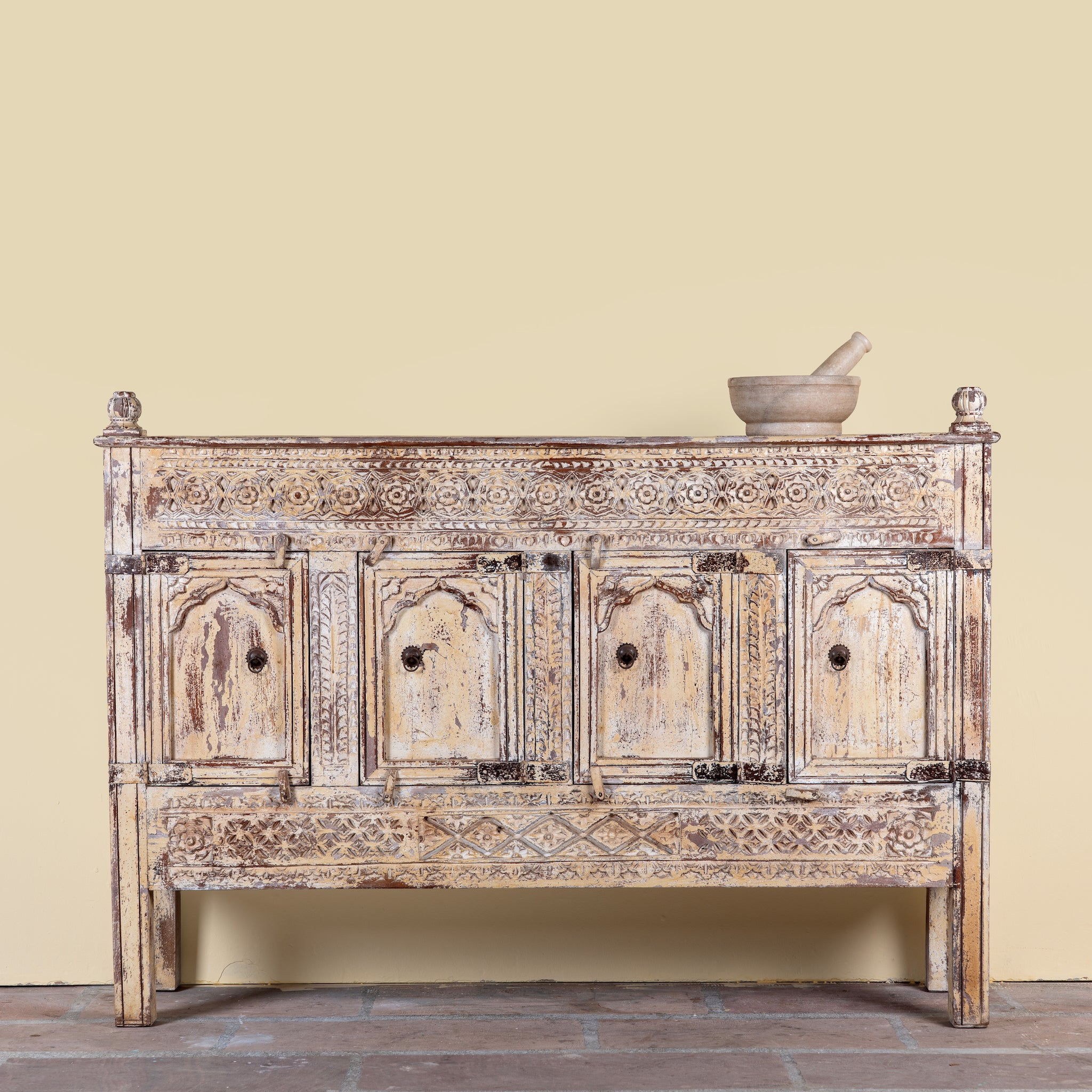 Satyam hand carved reclaimed wood sideboard with four arched doors and distressed cream vintage finish 153cm